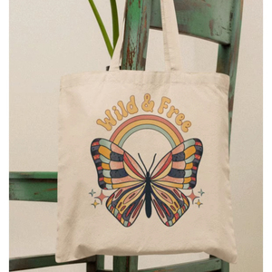 Rainbow Butterfly Printed Cotton Canvas Tote <b>Bag</b> In Beige With Multicolour Design & Inspirational Text Styled For Everyday Carry - Product Image 1
