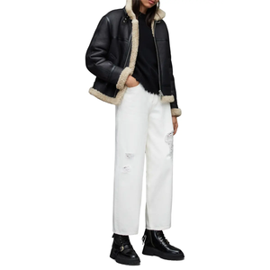 Venta al por mayor de ropa informal con cremallera chaqueta de cuero de motorista genuino de las mujeres Sherpa forrado chaquetas de cuero - Product Image 4