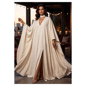 Robe de soirée kaftan beige en satin tissé, une pièce, avec décolleté en V et détail sur la poitrine - Product Image 1