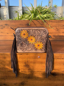 New Western Hand Tooled Leather Sunflower Crossbody Fringe Bag High Quality Handmade Genuine Leather Shoulder Purse for Women's - Product Image 4