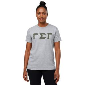 T-shirt gris de haute qualité avec lettres grecques Gamma Sigma Gamma, en coton doux, col rond, broderie en chenille, vêtements de fraternité et de sororité - Product Image 1