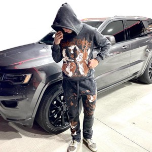 Conjunto de sudadera con capucha y pantalones de chándal estampados lavados transpirables de felpa francesa de algodón 100% personalizado, ropa de calle Unisex de talla grande, diseño de Fitness - Product Image 2