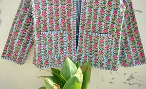 Veste réversible matelassée imprimée à la main indienne pour femmes motif floral toutes saisons manteau d'extérieur en coton respirant Jersey - Product Image 3