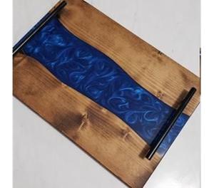 Último diseño multicolor resina de madera epoxi hecha a mano bandeja para servir río con 4 piezas Juego de posavasos bandeja de Arte de resina aguamarina - Product Image 6