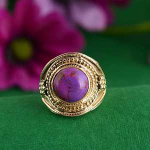 Boho Purple <b>Turquoise</b> Brass <b>Ring</b> 18K Gold Plated Vintage Tribal Wholesale <b>Ring</b> For Women - Product Image 1
