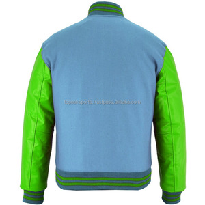 Chaqueta Varsity 2026 OEM Nueva en Lana Azul Cielo con Mangas de Cuero Verde para Hombre, 100% Alta Calidad, MOQ Bajo, Chaquetas Calefactables Hechas a Medida - Product Image 2