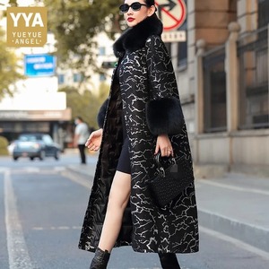 Manteau long et droit en cuir véritable pour hommes, col en fourrure de renard, en toile de mouton, imperméable, élégant, de luxe, de bureau d'hiver - Product Image 2