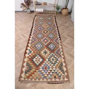 3.2x9.8 ft Turkish Kilim Rug, Vintage Rug, <b>Brown</b> Plants & trees <b>Wool</b> Rug - Product Image 1