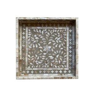 Bandeja de servicio cuadrada gris floral personalizada con bandeja de resina con Incrustaciones de nácar para uso decorativo en el hogar o la oficina - Product Image 1