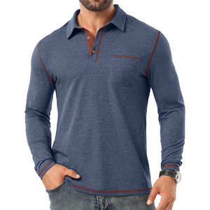 Chemises polo pour hommes à manches longues personnalisables pour le printemps/été, tissu jersey respirant avec motif uni à col montant - Product Image 6
