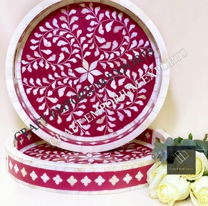 Bandeja redonda hecha a mano con incrustaciones de hueso natural y madre de perla con pastas de chipset perfectas para regalos de Ramadán y vacaciones - Product Image 2