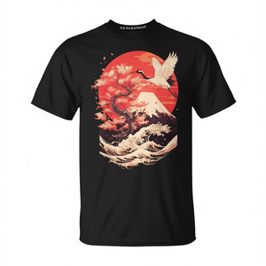T-shirt con gru giapponese e fiori di ciliegio, design promozionale in stile giapponese - Product Image 2
