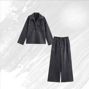 Conjunto de 2 Piezas de Mezclilla para Mujer, Chaqueta Ajustada Informal de Manga Larga con Cuello Alto y Bolsillos, Pantalones de Pierna Alta - Product Image 1