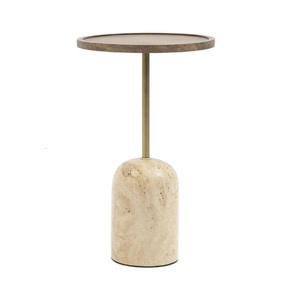 Base en bois de luxe Table d'appoint en travertin Design nervuré unique Plateau en pierre naturelle avec piédestal en bois Table d'appoint élégante - Product Image 5