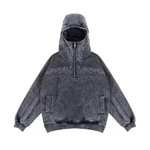 2025 diseño de moda hombres azul oscuro piedra lavada crudo dobladillo térmico sudaderas con capucha para la venta hombres Denim pulóver chaqueta - Product Image 1