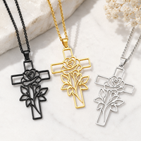 Collier tendance ARNAN avec pendentif croix rose, en acier inoxydable plaqué argent, bijou religieux chrétien, cadeau pour femme, motif floral