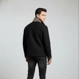 Chaqueta de mezcla de lana negra con un cuello de cuentas elaboradamente bordado, fabricada por la marca Champ King en Pakistán. - Product Image 2