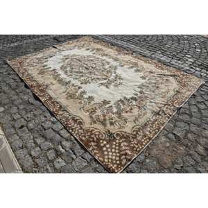 Classic Beige <b>Brown</b> Patchwork Turkish Floral <b>Wool</b> Rug 6.5 X 9.5 ft for Entryway Living Home Rectangular Hallway Design Latex - Product Image 2