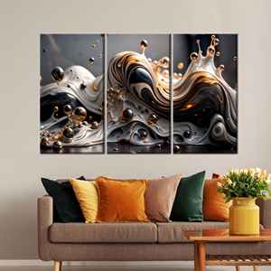 ศิลปะบนผืนผ้าใบพิมพ์ลายคลื่นเหลวสีทองและสีดำแบบนามธรรมสมัยใหม่,3P:Gallery Wrapped - Product Image 1