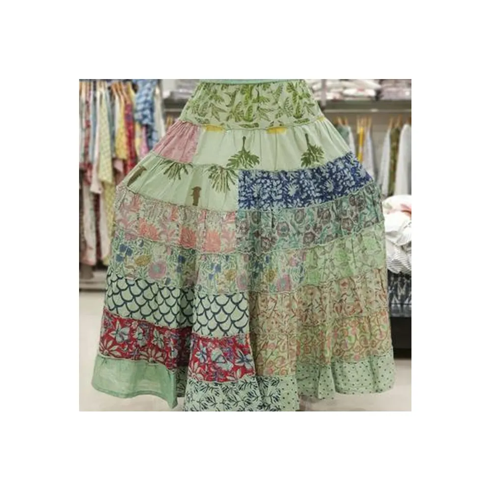 הודי יפה רב צבעוני עבודת תיקון 100% כותנה חצאית ארוכה נשים הודיות כותנה חצאית גלישה ארוכה כמות בתפזורת בוהו