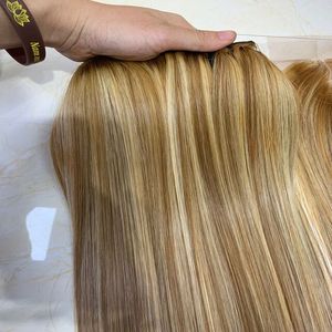 Extensión de cabello humano liso, hueso de doble estiramiento, resaltado Rubio, cierre a juego con 100% de cutícula, cabello virgen Alineación - Product Image 1