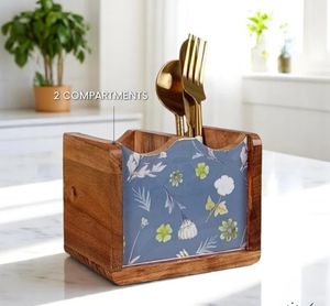 Soporte para cubiertos de madera de mango floral azul hecho a mano en Sheesham y mango de madera utensilio de madera Caddy soporte para cubiertos de encimera - Product Image 2