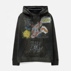 Sudadera con capucha lavada con ácido vintage unisex, logotipo de impresión personalizado, algodón transpirable, sin cuerdas, grafiti, peso pesado, sólido desgastado - Product Image 6