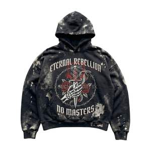 Sudadera con Capucha de Estilo Gótico Urbano con Estampado de Calavera, Lavado Ácido Negro, Sudadera de Algodón Grueso Desgastada - Product Image 6