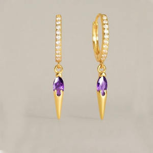 Crystal Quartz With Cz Quartz Paved Spike Hoop <b>Earring</b> - 925 Sterling <b>Silver</b>, Faceted Oval Shape Gemstone <b>Dangle</b> Women Jewelry - Product Image 4