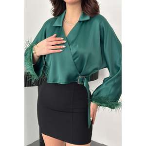 Emerald <b>Feather</b>-Cuffed Satin Crop - Emerald - Product Image 4