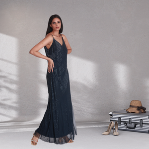 Vestido de Noche Azul Marino elegante de alta calidad con cuentas a mano con cuello en V y tirantes finos vestido de fiesta Formal de lujo - Product Image 2