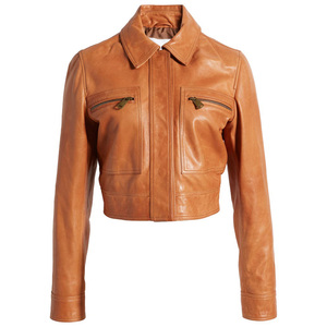 Veste bomber en cuir véritable pour femmes, respirante, broderie, poches zippées sur la poitrine, prix d'usine, vente en gros - Product Image 1