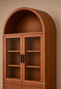 Modern Arched Solid Teak Wood Display Cabinet Glass Door Bookshelf Fluted Storage <b>Sideboard</b> - Product Image 2