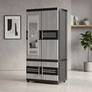 Naiba Plastic Cabinet/Wardrobe/Closet/Cupboard with Gray Hinged Flat <b>Panel</b> Doors Equipped with <b>Mirror</b>, Lock, Shelves, and Hanger - Product Image 1