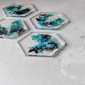 Unique <b>Wooden</b> coaster Set with Glitter Infused Layers Handmade Modern <b>square</b> Mats for <b>Coffee</b> bar <b>Table</b> Decor and Gifting - Product Image 3