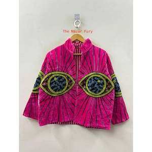 Jungle Women's <b>Corduroy</b> <b>Jacket</b> Stand Collar Full Sleeve Hand Embroidered Evil Eye Pattern Autumn Wear - Product Image 3