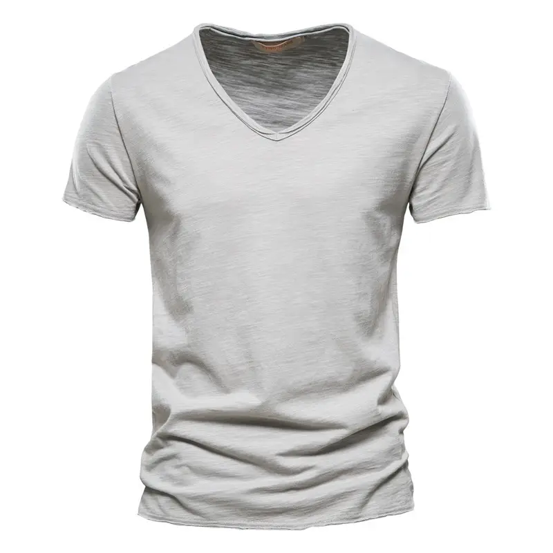 Short Sleeve T Shirt Summer Men New Solid Color Slub Cotton Pure Cotton Hot Sale V Neck