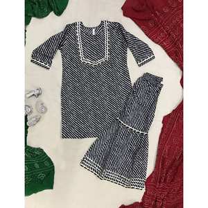 Black Lehariya Cotton Modest <b>Set</b> Kurta Sharara (<b>Set</b> of 2) - Product Image 1