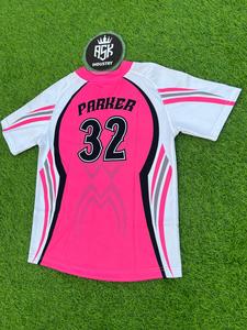 Camiseta de Béisbol Personalizada con Logotipo, Cómoda, Transpirable, Sublimada, Cuello Redondo, Manga Corta, Uniforme Deportivo Rosa y Blanco - Product Image 6