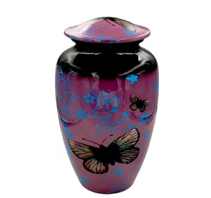 Urna de cremación de aluminio Contenedor conmemorativo Urnas de entierro de metal Diseño de mariposa encantadora Tamaño grande 26 cms de alto con bolsa de terciopelo - Product Image 1