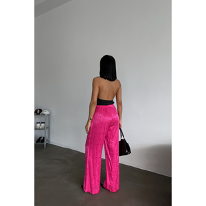 Pantalones de Mujer en Satén Jacquard Color Fucsia - Pantalones Elegantes - Product Image 2