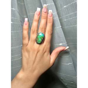 Navajo-Made Natural Sonoran Mountain Sterling <b>Silver</b> <b>Statement</b> <b>Ring</b> Size 8.75 Featuring Turquoise Main Stone Boho Everyday Wear - Product Image 5