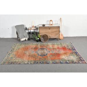 Vintage Orange Blue Wool <b>Rug</b> 5.3 X 9 ft Handmade <b>Boho</b> Style Turkish Patchwork Design Latex for Bedside Hallway Area <b>Rugs</b> & Sets - Product Image 1