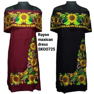 印度波西米亚传统t恤型连衣裙黑色花朵印花女性墨西哥人造丝刺绣素色女士连衣裙
