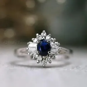 Großhandel individueller feiner Schmuck 925 Sterling-Silber natürlicher Blau Saphir & Cz Edelstein gelb & rosa Gold Vermaill-Statement-Ring