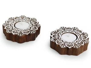 Blocs de fleurs lustrées sculptées à la main porte-bougies en bois de Sesham Lot de 2 porte-bougies chauffe-plat pour centres de table de mariage - Product Image 3