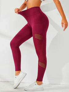 Wholesale Women's High Waist Yoga <b>Leggings</b> <b>Butt</b> <b>Lift</b> Black Mesh Sheer Sports Pants Custom Logo XL Size Seamless Pockets Stripes - Product Image 3
