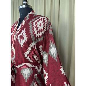 Yak Wool Blend Women's Cozy Winter Romance <b>Kimono</b> Robe Red Diamond Print <b>Cardigan</b> House Coat Pockets Quirky Woven Loungewear ODM - Product Image 6