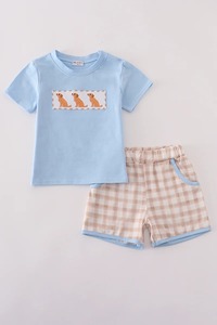 Beige <b>Gingham</b> <b>Shorts</b> Set for Boys Summer Comfortable Kids Outfit with Cute Puppy Design Embroidery Solid Pattern - Product Image 2