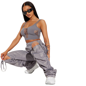 Salopette utilitaire sur mesure à coupe régulière, 6 poches, pour femmes, taille élastique, taille mi-haute, été, couleur unie, lavage, grande taille - Product Image 2